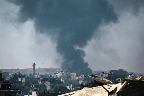 Smoke billows east of Gaza City, in the central Gaza Strip during Israeli bombardment on July 6, 2025.