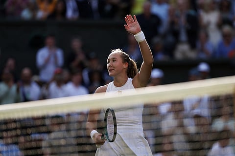 Russia's Mirra Andreeva celebrates her victory over Emma Navarro during their women's singles fourth round match at Wimbledon Championships on Monday.