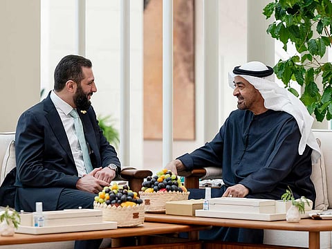 President His Highness Sheikh Mohamed bin Zayed Al Nahyan meets with Ahmed Al Sharaa, President of Syria , at Al Shati Palace in Abu Dhabi.