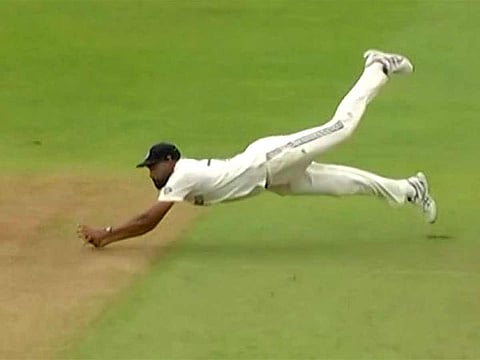 Mohammed Siraj takes a stunning catch to dismiss Josh Tongue of England during Day 5 of the 2nd test match, at Edgbaston in Birmingham on Sunday. ANI