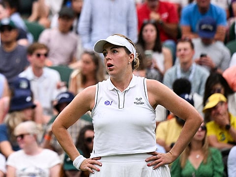 Russia's Anastasia Pavlyuchenkova reacts as she plays against Britain's Sonay Kartal during their women's singles fourth round tennis match at Wimbledon Championships on Sunday.