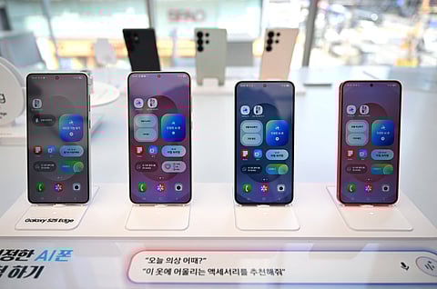 Samsung Galaxy S25 series smartphones are displayed at a Samsung store in Seoul on July 8, 2025.