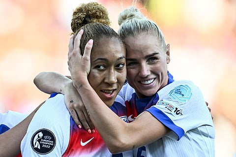 England's forward #07 Lauren James celebrates with teammate England's defender #05 Alex Greenwood after scoring the third goal of the match during the UEFA Women's Euro 2025 Group D football match against The Netherlands at the Letzigrund Stadium in Zurich, on July 9 2025.