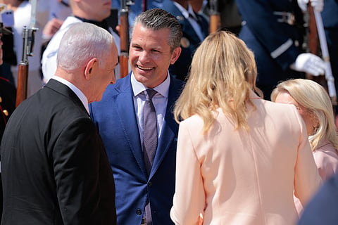 Pete Hegseth with Netanyahu as they arrive for an honour cordon at the Pentagon on July 09, 2025 in Arlington, Virginia.