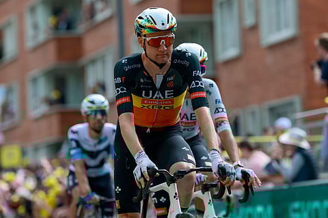 UAE Team Emirates riders wearing the AI-powered helmets during the stage 3 of the Tour de France on Monday.