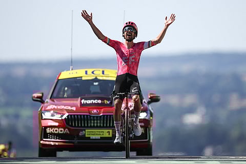 EF Education - EasyPost team's Irish rider Ben Healy cycles to the finish line to win the 6th stage of the 112th edition of the Tour de France cycling race, 201.5 km between Bayeux and Vire Normandie, Northwestern France, on July 10, 2025.