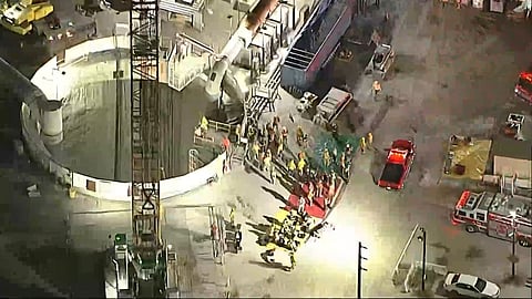 This image taken from footage provided by KABC/ABC7 Los Angeles shows first responders working the scene after a tunnel collapsed on Wednesday, July 9, 2025, in Los Angeles