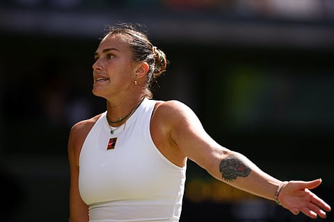 Belarus's Aryna Sabalenka reacts during the women's singles semifinal against US's Amanda Anisimova  in the 2025 Wimbledon tennis championships, southwest London, on July 10, 2025.