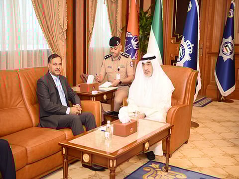 Indian Ambassador Adarsh Swaika with Kuwait’s Deputy PM Fahad Yousef Saud in a file picture.