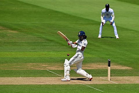 India's KL Rahul plays a shot from England's Brydon Carse on the third day of the third cricket test at Lord's cricket ground in London, on July 12, 2025.