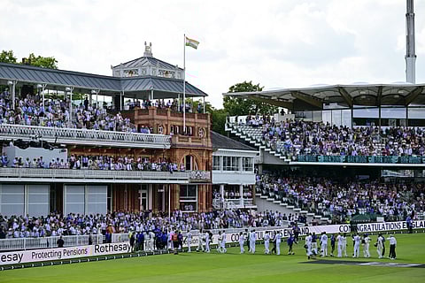 Players walk back to the pavilion after England win the test match on the fifth day of the third cricket test match between England and India at Lord's cricket ground in London, on July 14, 2025.