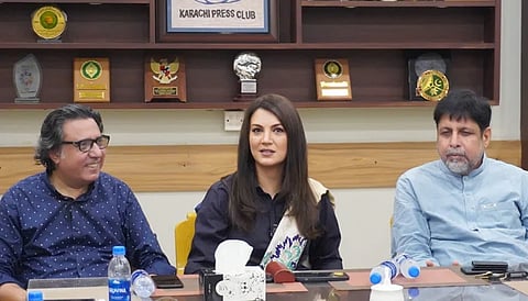 Reham Khan talking to media at the Karachi Press Club to announce her political party