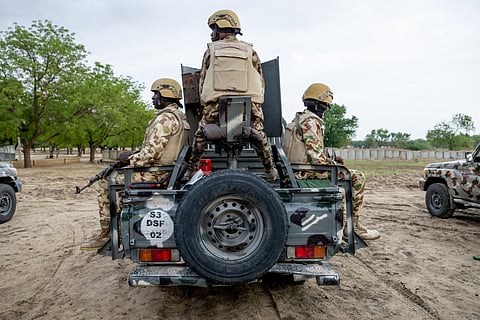 Nigerian soldiers from the Multinational Joint Task Force (MNJTF) park during training at the MNJTF military base, Sector 3 Headquarters, in Monguno, Borno state, Nigeria, on July 5, 2025.