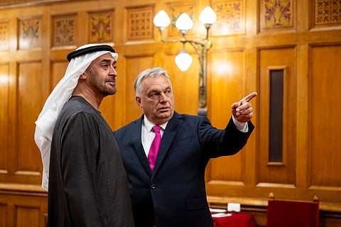 UAE President His Highness Sheikh Mohamed bin Zayed Al Nahyan and Viktor Orban, Prime Minister of Hungary, tour the Hungarian Parliament Building.