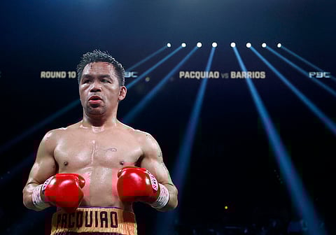 Manny Pacquiao during his WBC welterweight title fight with Mario Barrios ending in a majority draw at MGM Grand Garden Arena in Las Vegas on Saturday.