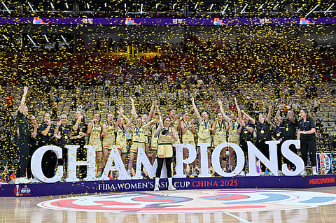 Australia's team celebrates with their trophy during an award ceremony at the 2025 FIBA Women’s Asia Cup basketball tournament in Shenzhen, China’s southern Guangdong province on July 20, 2025.