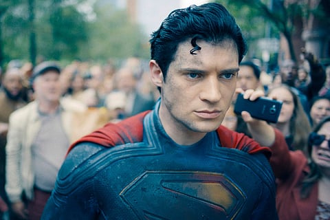 This image released by Warner Bros. Pictures shows David Corenswet in a scene from "Superman." (Warner Bros. Pictures via AP)