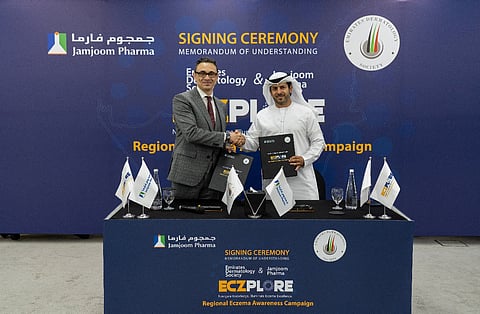 Dr Ayman Al Naeem, President of the Emirates Dermatology Society, and Dr Samer Lezzaiq, General Manager, Gulf, Levant & Export Markets at Jamjoom Pharma during the signing ceremony to launch national campaign to combat childhood eczema.
.