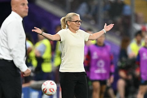 England's Dutch coach Sarina Wiegman gestures during the UEFA Women's Euro 2025 semi-final against Italy at the Stade de Geneve in Geneva on Tuesday.