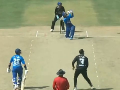 Hassan Eisakhil hits Mohammed Nabi for a big six in the Shpageeza Cricket League match on Tuesday.