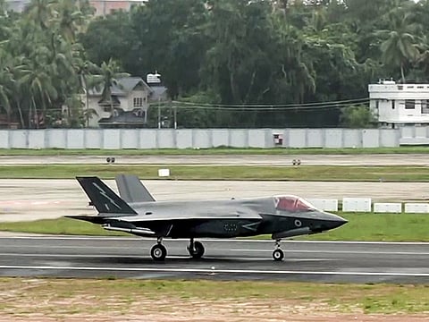 The British Navy's F-35 fighter jet, which made an emergency landing at Thiruvananthapuram International Airport on June 14, takes off from the airport, in Thiruvananthapuram on Tuesday, July 22, 2025.