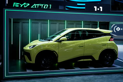 BYD Atto 1 is displayed during the 32nd Gaikindo Indonesia International Auto Show (GIIAS) at the Indonesia Convention Exhibition (ICE) in Tangerang, Greater Jakarta, on July 23, 2025.