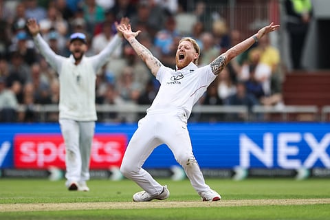 England's captain Ben Stokes celebrates after dismissing Indian captain Shubman Gill on day one of the fourth Test at Old Trafford on Wednesday.
