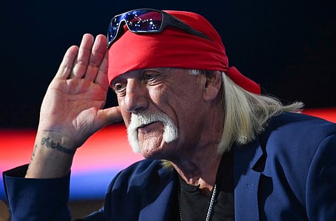US pro-wrestler Hulk Hogan speaks during the last day of the 2024 Republican National Convention at the Fiserv Forum in Milwaukee, Wisconsin, on July 18, 2024.