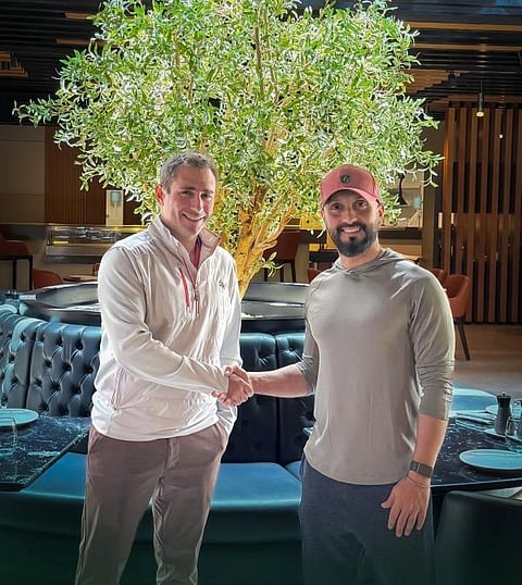 Jared Solomon (left), CEO at Five Iron Golf, and Noah Alireza, CEO of Golf Saudi, following the announcement of the strategic partnership.