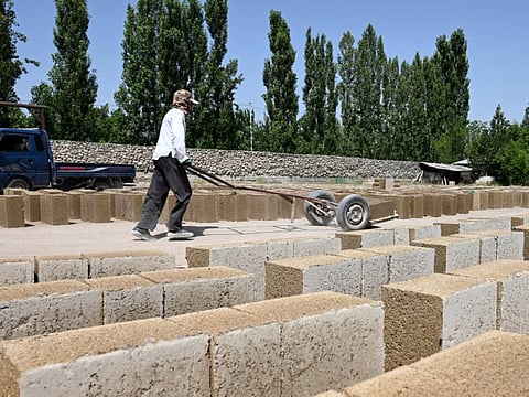 Workers build a house with rice construction blocks, made mostly of rice husks - a byproduct of rice processing, in the Kyzyl-Kiya village in southern Kyrgyzstan.