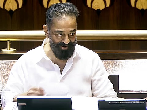 MNM, MP Kamal Haasan during his oath ceremony in the Rajya Sabha during the Monsoon Session of the Parliament, in New Delhi on Friday.