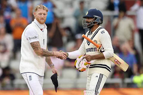 England captain Ben Stokes shakes hands with India's Ravindra Jadeja after the fourth cricket Test at Old Trafford in Manchester, north England, on July 27, 2025.