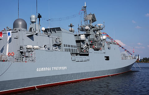 This pool photograph distributed by the Russian state agency Sputnik, shows the Russian Navy frigate Admiral Grigorovich in Saint Petersburg on July 27, 2025.