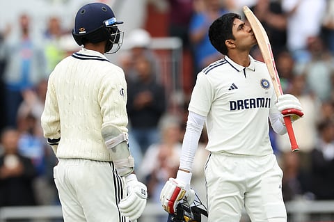 India's captain Shubman Gill (R) celebrates after scoring a century (100 runs) on day five of the fourth cricket Test match against England at Old Trafford, in Manchester, north England, on July 27, 2025.
