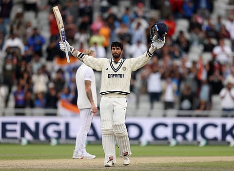 Indian all-rounder Washington Sundar celebrates his maiden century against England at Old Trafford on Sunday.