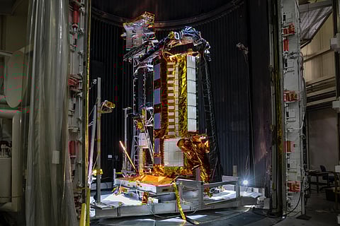 This NASA image obtained on July 29, 2025 shows part of the NASA-ISRO Synthetic Aperture Radar (NISAR) satellite resting in a thermal vacuum chamber, meant to mimic the conditions found in space, at NASA's Jet Propulsion Laboratory in August 2020.