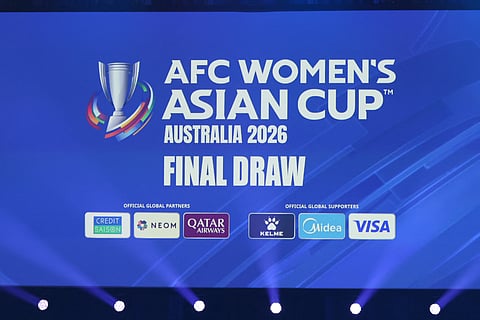 A screen displays the upcoming 2026 AFC Women's Asian Cup draw in Sydney on July 29, 2025.
