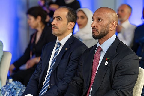 Abdulla bin Mohammed bin Butti Al Hamed, Chairman of the UAE National Media Office and the UAE Media Council, and Shihab Ahmed Mohamed Abdulrahim Al Faheem, UAE Ambassador to Japan, during the BRIDGE Roadshow in Osaka