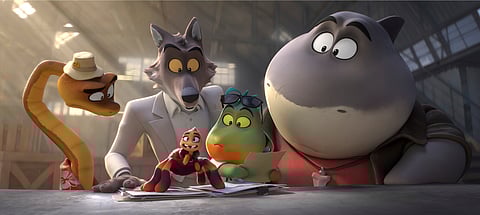 From left, Mr. Snake, voiced by Marc Maron, Mr. Wolf, voiced by Sam Rockwell, Ms. Tarantula, voiced by Awkwafina, Mr. Piranha, voiced by Anthony Ramos, and Mr. Shark, voiced by Craig Robinson, in a scene from 'The Bad Guys 2'