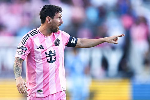 Lionel Messi of Inter Miami reacts during the Leagues Cup Phase One match against Atlas FC at Chase Stadium in Fort Lauderdale, Florida, on Wednesday.
