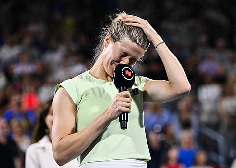 Eugénie Bouchard of Canada becomes emotional as she announces her retirement on centre court at IGA Stadium in Montreal on Wednesday.