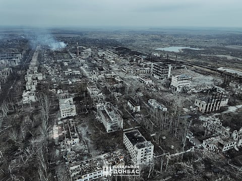 This aerial handout photograph posted on the official Facebook account of the Donbas Special Forces Battalion of the 18th Brigade of the National Guard of Ukraine on January 29, 2025 shows heavily damaged buildings in Chasiv Yar, Donetsk region amid the Russian invasion of Ukraine.