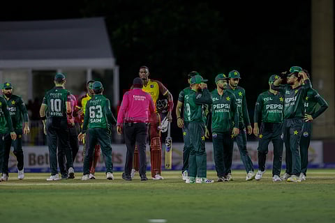 Pakistani players celebrate their win against West Indies in the first Twenty20 in Lauderhill, Florida, on Thursday.