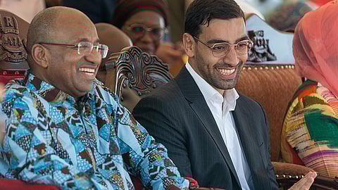 Dr Hussein Ali Mwinyi (left), President of Zanzibar, is seen with Samuel Saba, Chairman of Infinity Group and Infinity Developments, at the inauguration of the Stone Town Painting Initiative sponsored by Infinity Foundation
