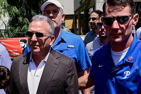US envoy Steve Witkoff (L) arrives to meet families of Israelis held hostage by Palestinian militants in the Gaza Strip since October 2023 as they demonstrate in Tel Aviv's 'Hostage' square on August 2, 2025.