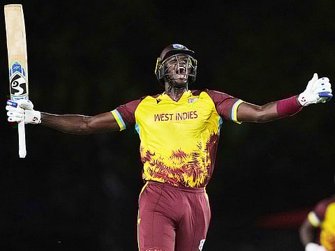 West Indies' Jason Holder reacts after hitting a four to win the second Twenty20 cricket match against Pakistan, Saturday, August 2, 2025, in Lauderhill, Florida.