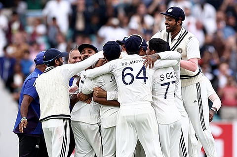 India's Mohammed Siraj (obscured) is mobbed by teammates after winning the final Test cricket match between England and India at The Oval in London on August 4, 2025.