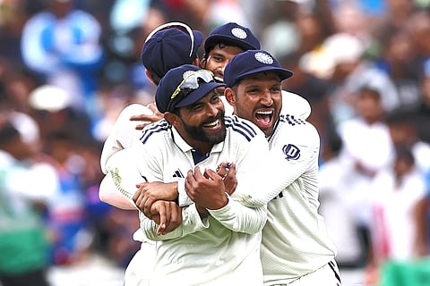 Dhruv Jurel (right) hugs Ravindra Jadeja after India win the final Test against England at The Oval in London on August 4, 2025.