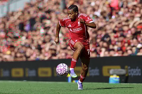 Liverpool's English strikerRio Ngumoha controls the ball during the first of two pre season friendly football matches against Athletic Bilbao at Anfield in Liverpool, north west England on August 4, 2025.