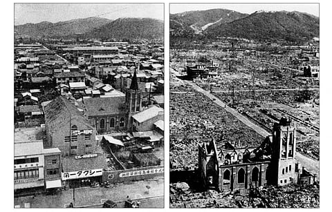 This combination image of two file photos dated 1945 shows a view of the city of Hiroshima before (L) and after (R) the first atomic bomb was dropped by a US Air Force B-29 aircraft on the city on August 6, 1945.